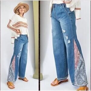 Easel Boho Bell Bottoms Patchwork Bandana Wide Leg Jeans Medium